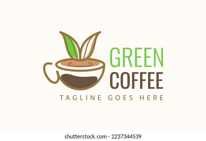 Green Coffee Logo Design Template. Green Leaf Coffee Cup with Cream Latte