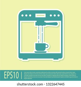 Green Coffee machine and coffee cup icon isolated on yellow background. Flat design. Vector Illustration