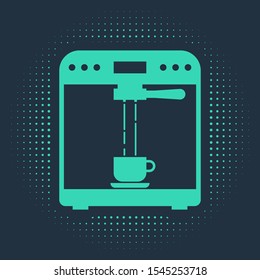 Green Coffee machine and coffee cup icon isolated on blue background. Abstract circle random dots. Vector Illustration