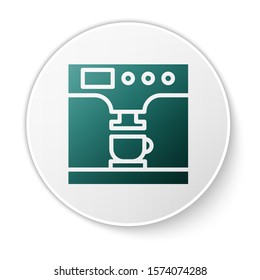 Green Coffee machine and coffee cup icon isolated on white background. White circle button. Vector Illustration