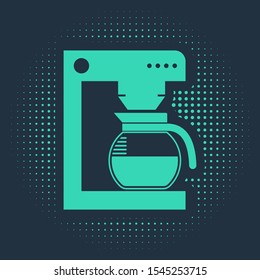 Green Coffee machine with glass pot icon isolated on blue background. Abstract circle random dots. Vector Illustration