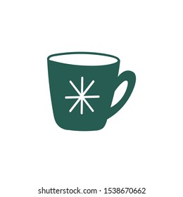 Green coffee mug icon with snowflake in hand drawn, doodle style isolated on a white background.