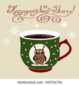 Green coffee mug with picture of the owl holding a teacup surrounded by stars and moon sitting on a branch, mockup with coffe cup, snowflakes and a handwritten Happy New Year text