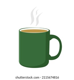 Green coffee mug with steam in flat design style. Vector illustration