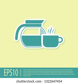 Green Coffee pot with cup icon isolated on yellow background. Flat design. Vector Illustration