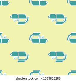 Green Coffee pot with cup icon isolated seamless pattern on yellow background. Flat design. Vector Illustration
