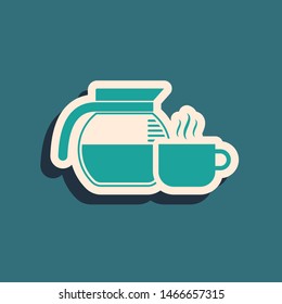 Green Coffee pot with cup icon isolated on blue background. Long shadow style. Vector Illustration
