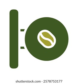 Green coffee shop sign with bean graphic in white