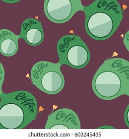 Green coffee sunglasses flat icon seamless pattern.