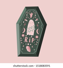 Green coffin with a cute cast. Happy Halloween! Simple vector illustration.