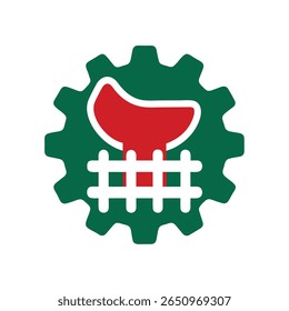 Green cogwheel with red stylized torch fence symbol on gear
