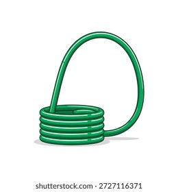 Uma mangueira em espiral verde com um laço que se estende para cima sobre um fundo branco plano