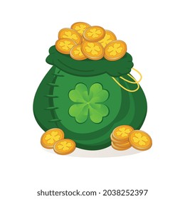 A green coin bag with a four-leaf clover symbol on St. Patrick's Day in Ireland. Vector illustration on a white background.