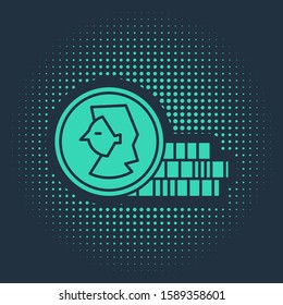 Green Coin for game icon isolated on blue background. Abstract circle random dots. Vector Illustration
