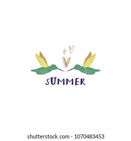 Green colibri art and sign. Decor elements, print for cards, t-shirts, other clothes and more. Clipart, isolated vector objects.