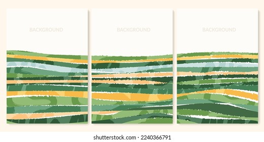 Green collage abstract field background vector illustration. Pattern with textured nature, organic shape with scribble. Set of a4 vertical poster, contemporary backdrop collection, book cover decor