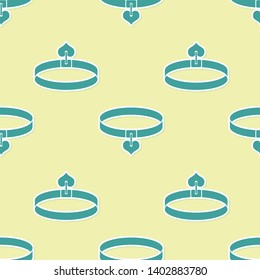 Green Collar with name tag and heart icon isolated seamless pattern on yellow background. Simple supplies for domestic animal. Cat and dog care. Pet chains. Vector Illustration