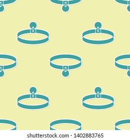 Green Collar with name tag icon isolated seamless pattern on yellow background. Simple supplies for domestic animal. Cat and dog care. Pet chains. Vector Illustration
