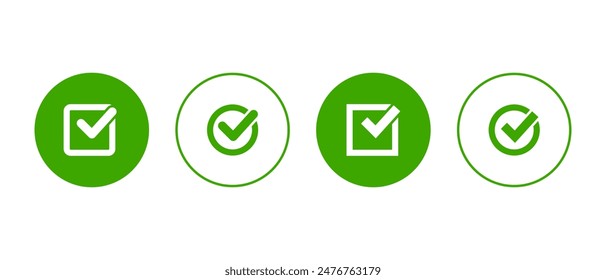 Green collection of check mark. Approval checkmark or good solution in flat style.	