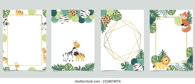 Green collection of jungle frame set with leaf,leaves,fox,lion,balloon vector illustration for birthday invitation,postcard,logo and sticker