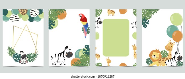 Green collection of jungle frame set with leaf,leaves,parrot,balloon vector illustration for birthday invitation,postcard and sticker