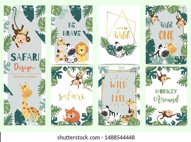 Green collection of safari background set with lion,monkey,giraffe,zebra,geometric vector illustration for birthday invitation,postcard,logo and sticker.Wording include wild one,wild and free