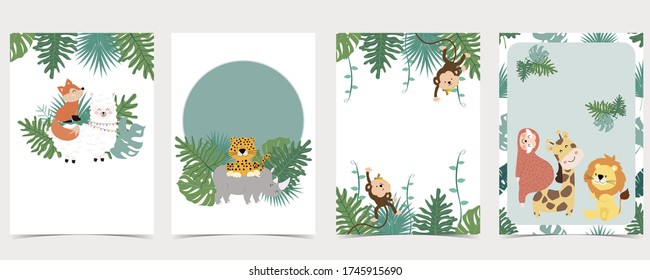 Green collection of safari background set with monkey,fox,giraffe.Editable vector illustration for birthday invitation,postcard and sticker.