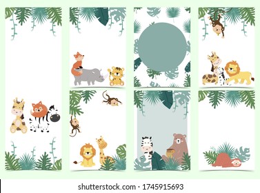 Green collection of safari background set with monkey,fox,giraffe. Editable vector illustration for birthday invitation,postcard and sticker.