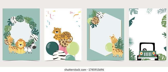 Green collection of safari background set with leopard,zebra,giraffe,lion. Editable vector illustration for birthday invitation,postcard and sticker.