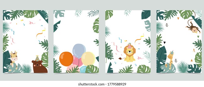 Green collection of safari background set with monkey,bear,giraffe.Editable vector illustration for birthday invitation,postcard and sticker