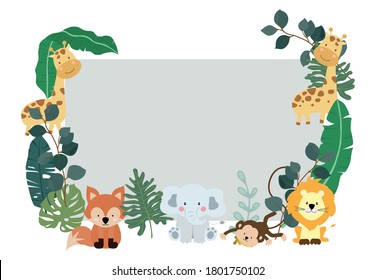 Green collection of safari background set with monkey,fox,giraffe.Editable vector illustration for birthday invitation,postcard and sticker