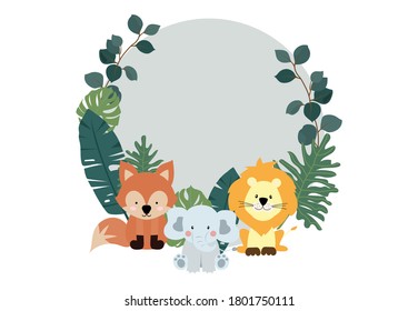 Colección verde de fondo de safari con cebra,león,elefante.Ilustración vectorial editable para invitación de cumpleaños, postal y pegatina