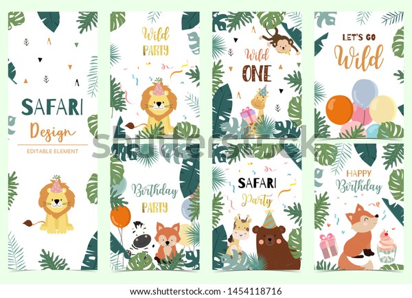 Green Collection Safari Background Set Lionfoxbeargiraffemonkeyeditable ...