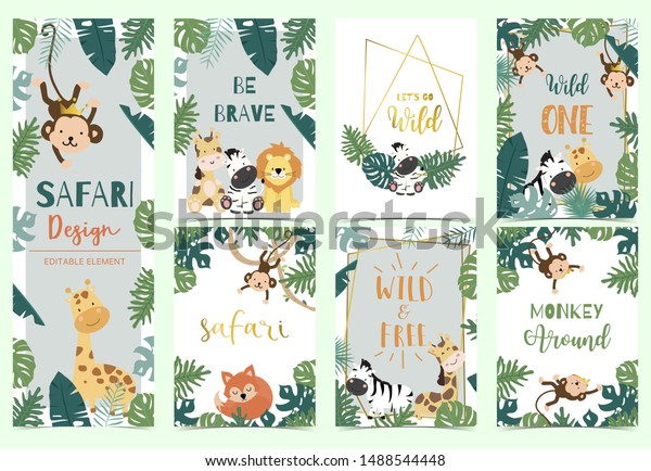 Green collection of safari background\
set with lion,monkey,giraffe,zebra,geometric vector illustration\
for birthday invitation,postcard,logo and sticker.Wording include\
wild one,wild and free