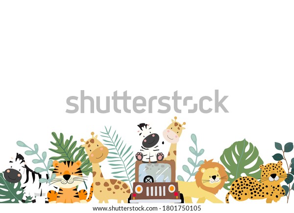Green collection of\
safari background set with zebra,lion,giraffe.Editable vector\
illustration for birthday invitation,postcard and\
sticker