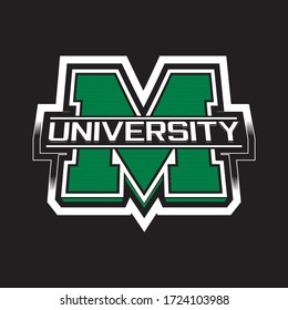 
GREEN COLLEGE EMBLEM WITH THE LETTER M.