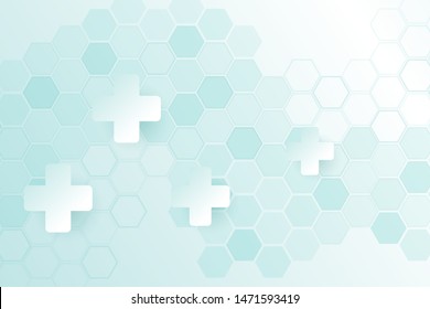 Green color of abstract healthy and medical background. Technology and science wallpaper template with hexagonal shape. Soft blue color medical banner. Modern template with space for text.