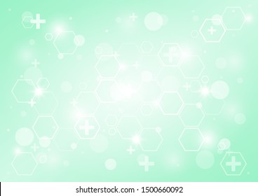 Green color of abstract healthy and medical background. Technology and science wallpaper template with hexagonal shape.