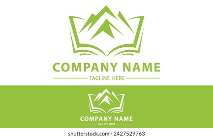 Green Color Abstract Open Book with Mountain Logo Design