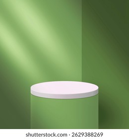 Green color abstract podium background design vector with shadow overlay effect. 3D realistic minimalist empty podium design template in an isolated green background. Backdrop studio art. 