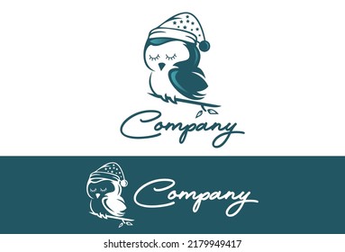 Green Color Abstract Sleeping Owl Bird Logo Design Concept