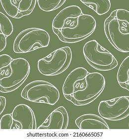 Green color apple fruit pattern, seamless print, half of apple, slice
