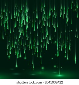 Fondo de color verde en un estilo de matriz. Flujo de datos. Cayendo bloque de datos aleatorios. El ciberespacio o la visualización de la realidad virtual. Ilustración del vector