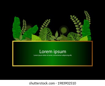 ilustración vectorial de fondo de color verde, con ornamentos de hojas y contornos de oro, para banners, tarjetas de felicitación, tarjetas de invitación, carteles, panfletos