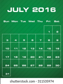 Green color background vector planning calendar July 2016