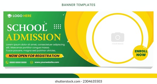 Green color banner for school admission concept. Circle photo frame with yellow color. EPS10