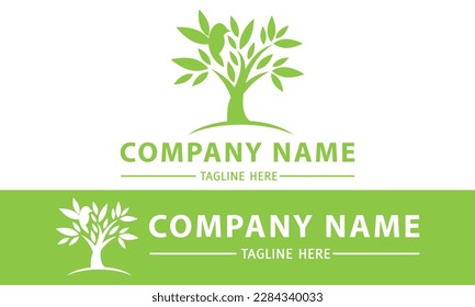 Green Color Bird Flying and Tree Logo Design