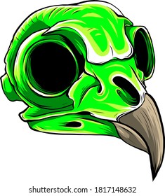 green color bird skull head vector illustration with scary look