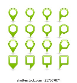 Green color blank map pin sign empty satin location icon with gray shadow and reflection isolated on white background. Web design element save in vector illustration 8 eps