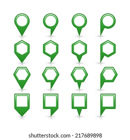 Green color blank map pin sign empty satin location icon with gray shadow and reflection isolated on white background. Web design element save in vector illustration 8 eps